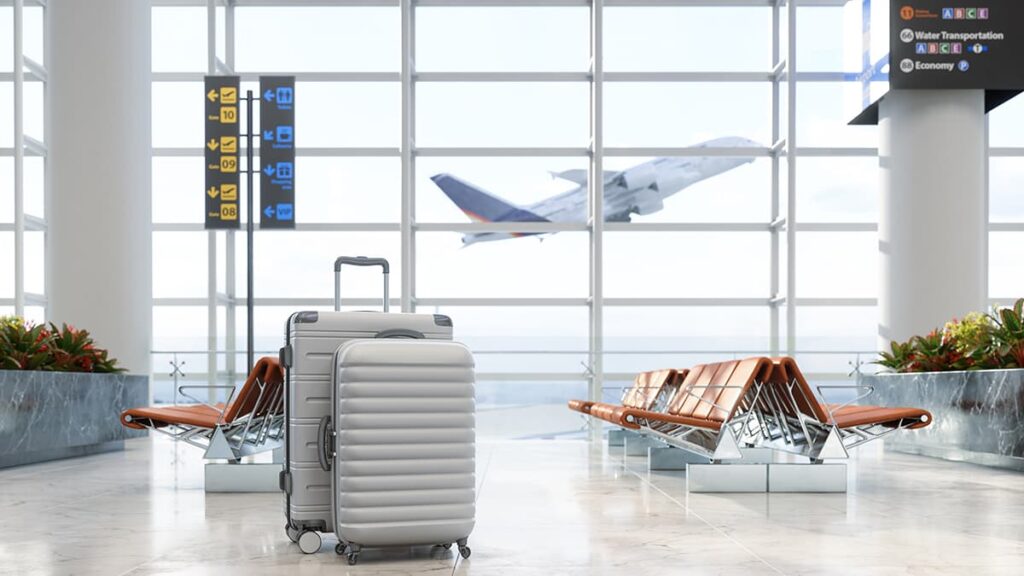 suitcases in front of airport terminal window