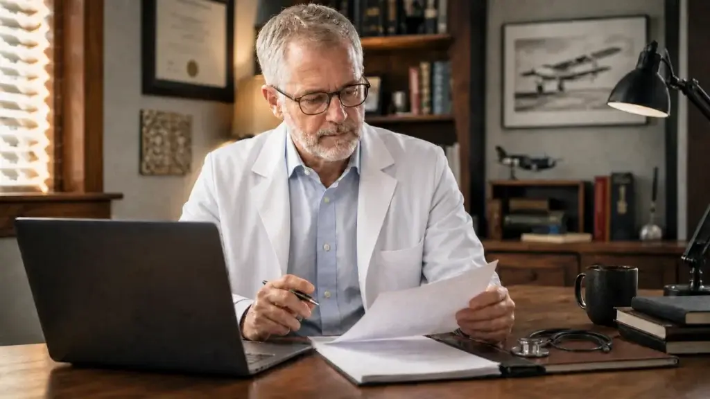 Aviation Medical Examiner reviewing information in a comfortable medical office with subtle aviation decor.