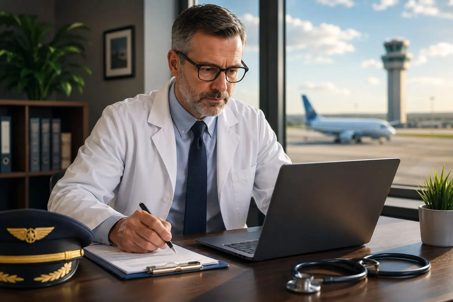 Aviation Medical Examiner reviewing patient information at a desk with an airplane and control tower visible outside.