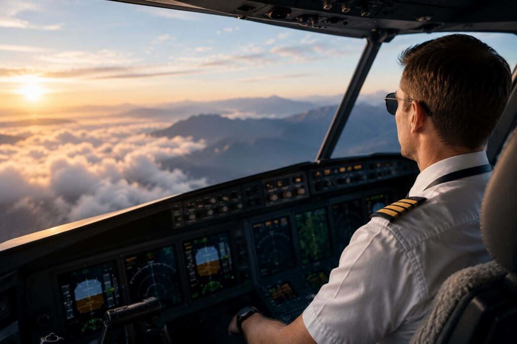 Pilot in aircraft cockpit for ESD Health blog about sleep apnea testing and FAA medical certification