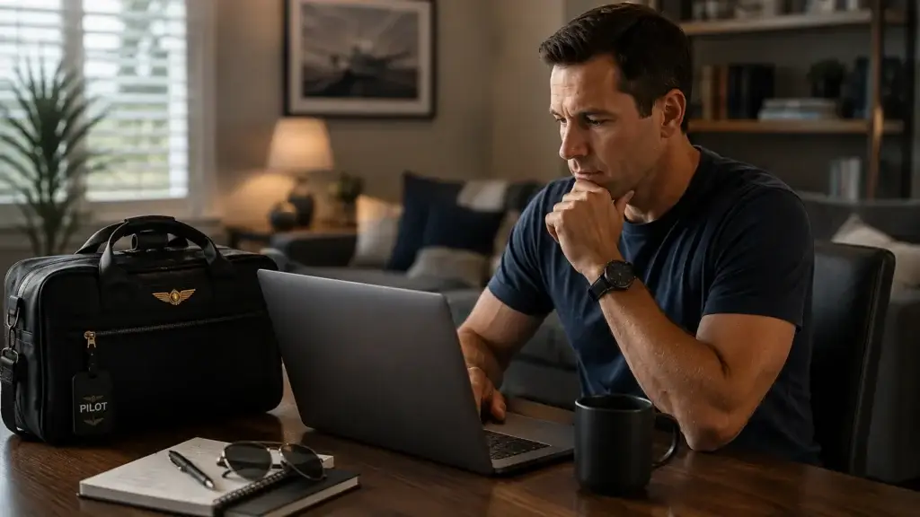 Pilot at home reviewing information on his laptop with a flight bag beside him.