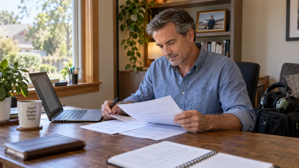 Pilot reviewing medical renewal paperwork in a home office, with an aviation headset and flight bag nearby.